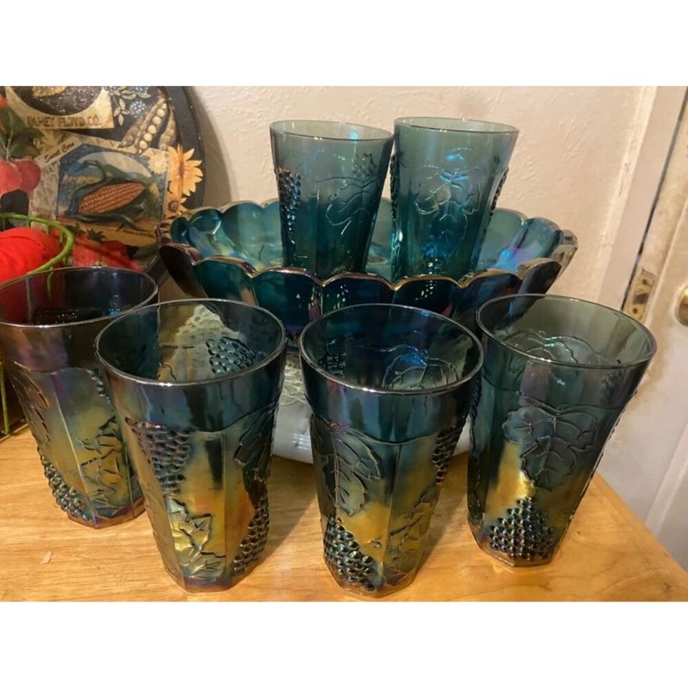 Vintage 7-Piece Indiana Glass Co. Harvest Grape Blue Iridescent Carnival Glass S